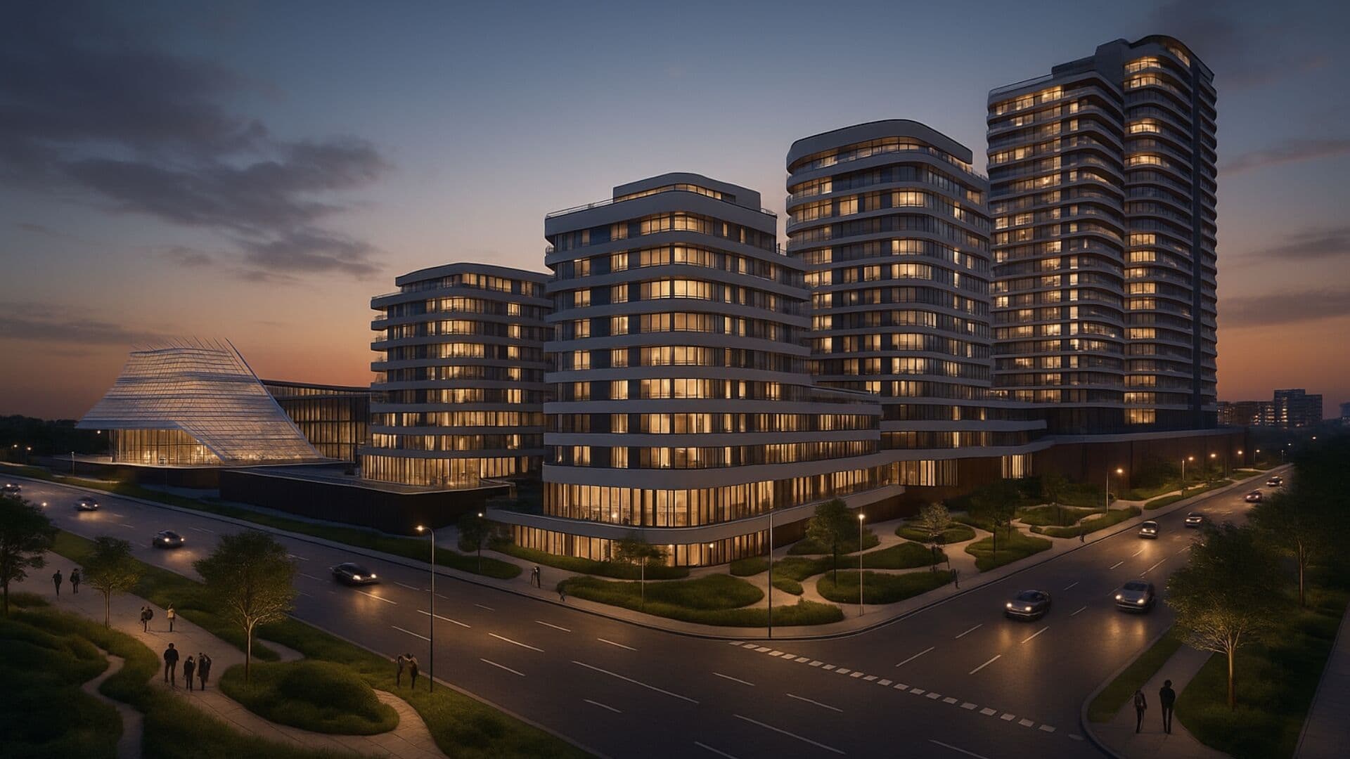 Barbu Văcărescu Mixed-Use Luxury — Ansamblu la apus — corpurile C1–C7 iluminate