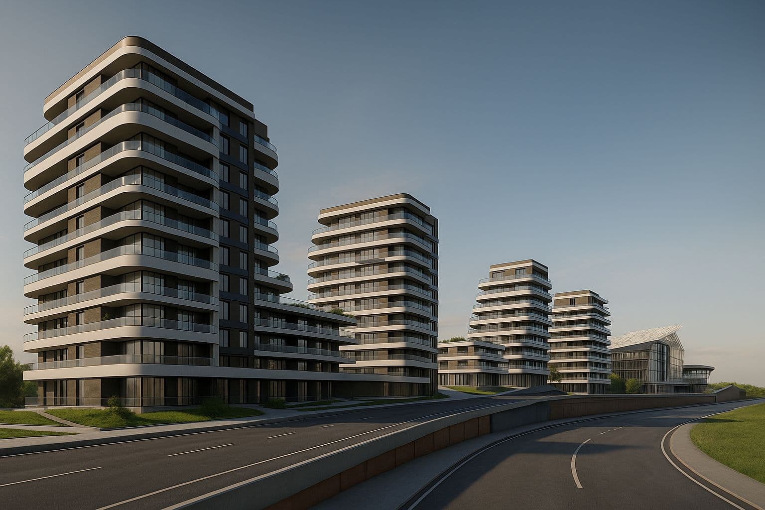 Barbu Văcărescu Mixed-Use Luxury — Perspectivă urbană — fațade albe curbate cu balcoane generoase