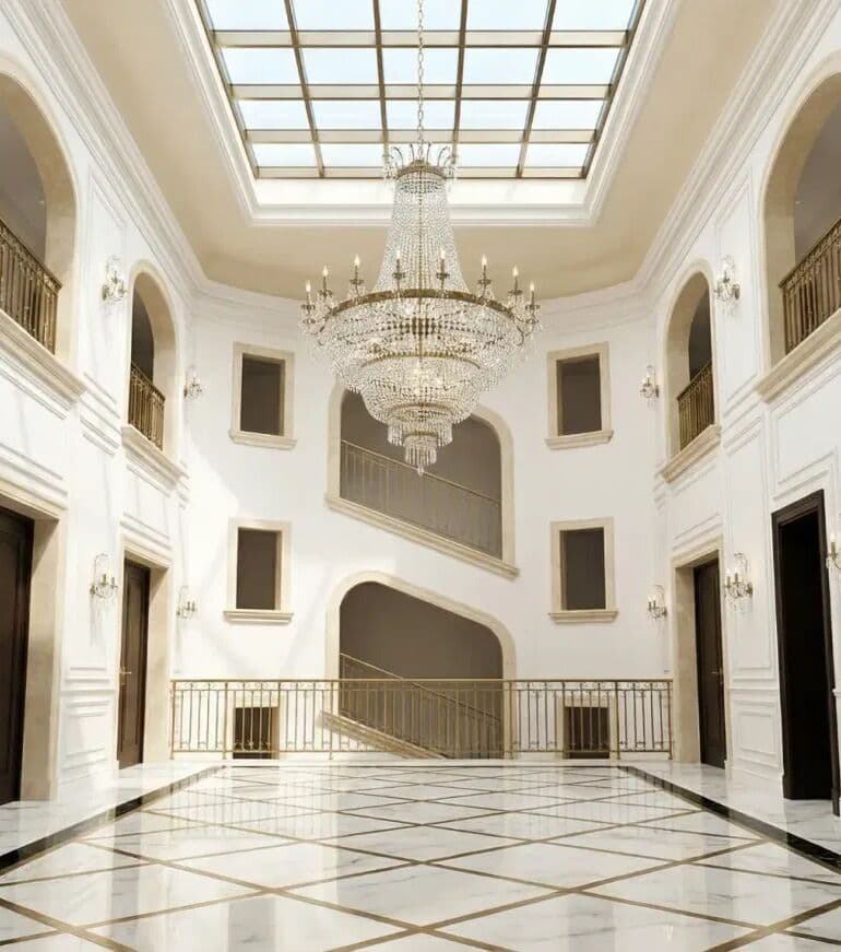 Marriott Palace Constanța — Autograph Collection — Marele hol de intrare — luminator + candelabru cristal